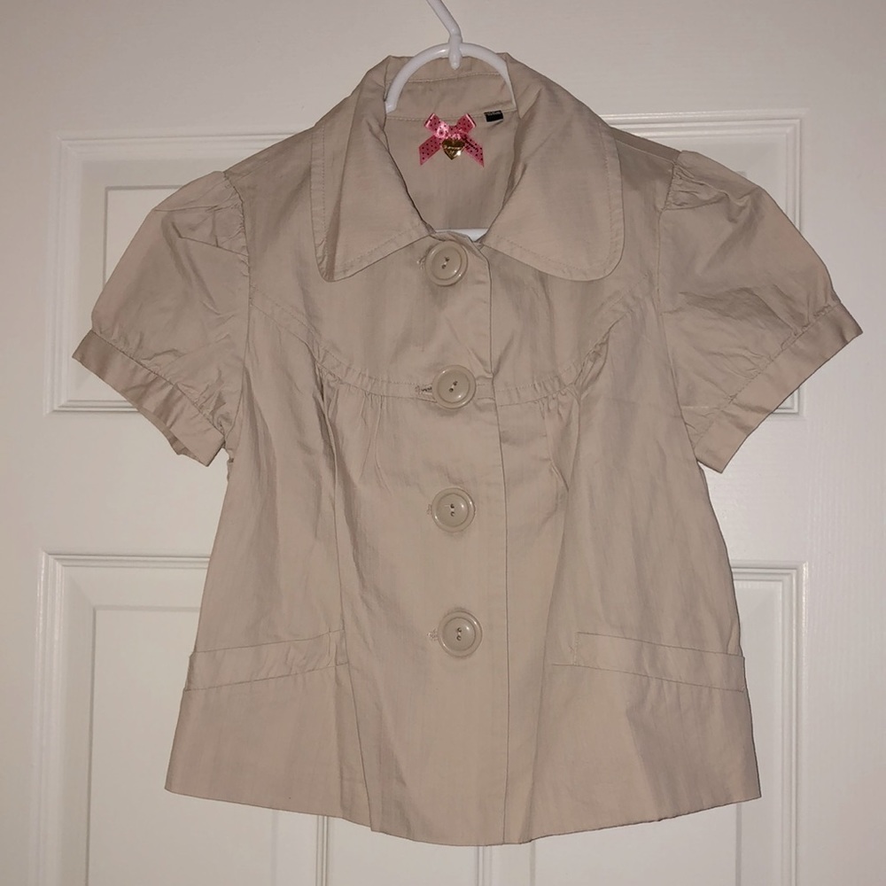 🍦NEW Cotton Light Khaki Cropped Capped Short Sleeve Jacket w/ Big Buttons